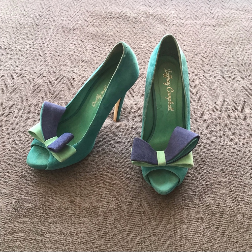Jeffrey Campbell Garret Aqua Combo Blue Suede High Heels Large Statement Bow 7